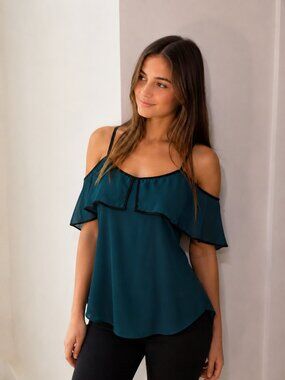 Vertiche Teal Cold Shoulder Ruffle Blouse Sheer Adjustable Strap Small